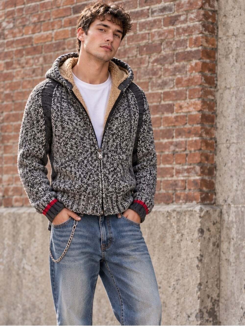 Y2K Energie Wool Knit Jacket L Grey Marl Sherpa Lined Hooded Zip Made in Italy